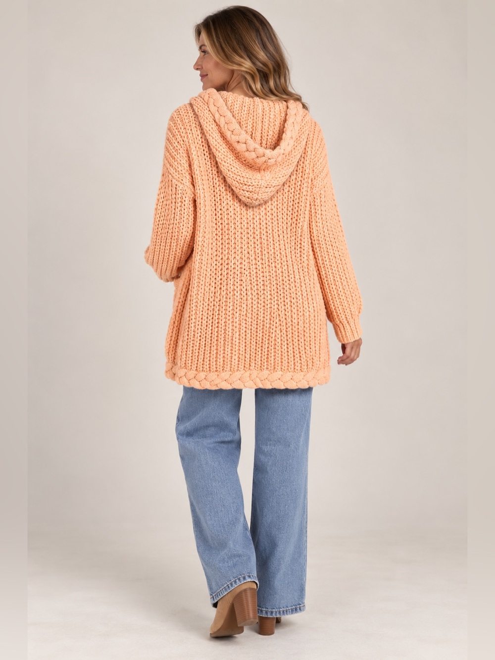 Cable Knit Hooded Cardigan with Braid Trim & Pockets – Peach - Picture 2 of 7
